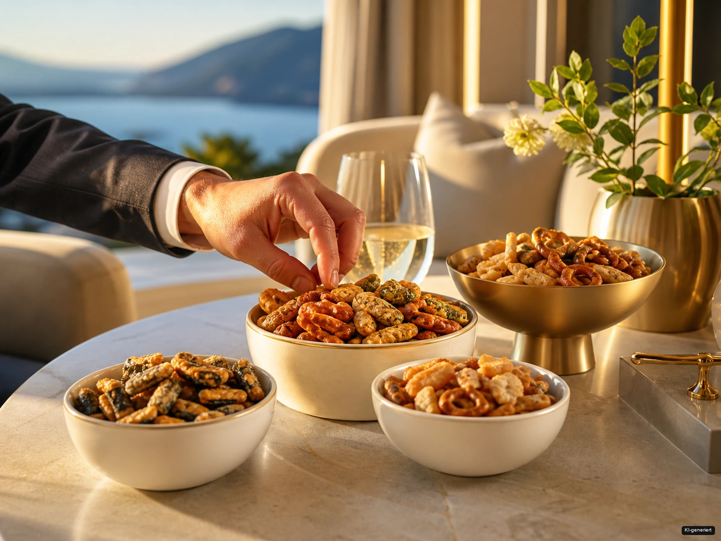 AI-generated – a hand serving premium snacks in warm evening light