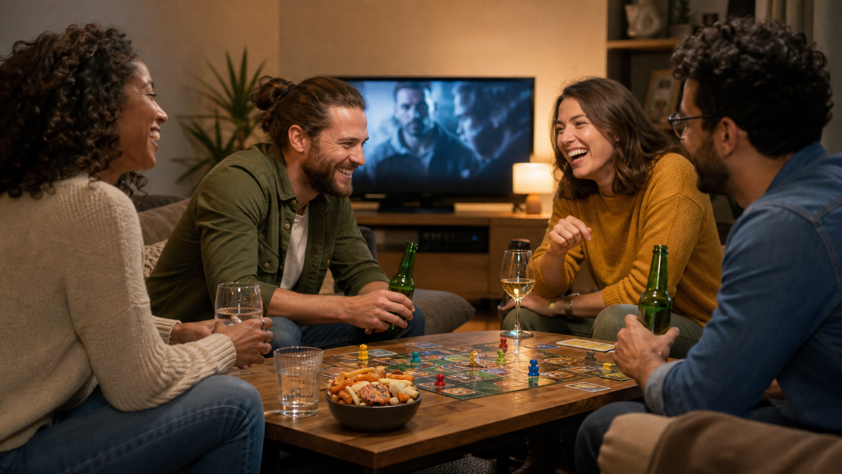 Freunde bei einem Spieleabend mit Getränken und einer Schale Yamato Reiscracker von CrackersCompany