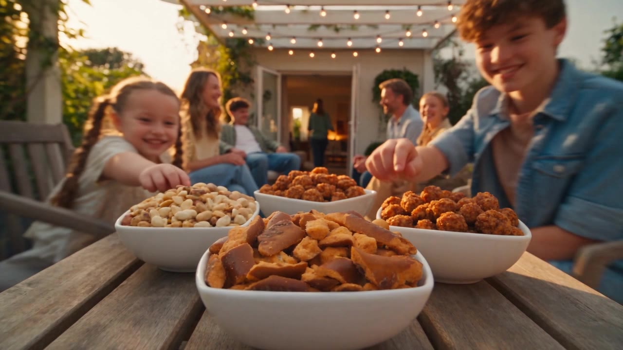 Freunde genießen gemeinsam Snacks und Getränke im warmen Abendlicht auf einer Terrasse