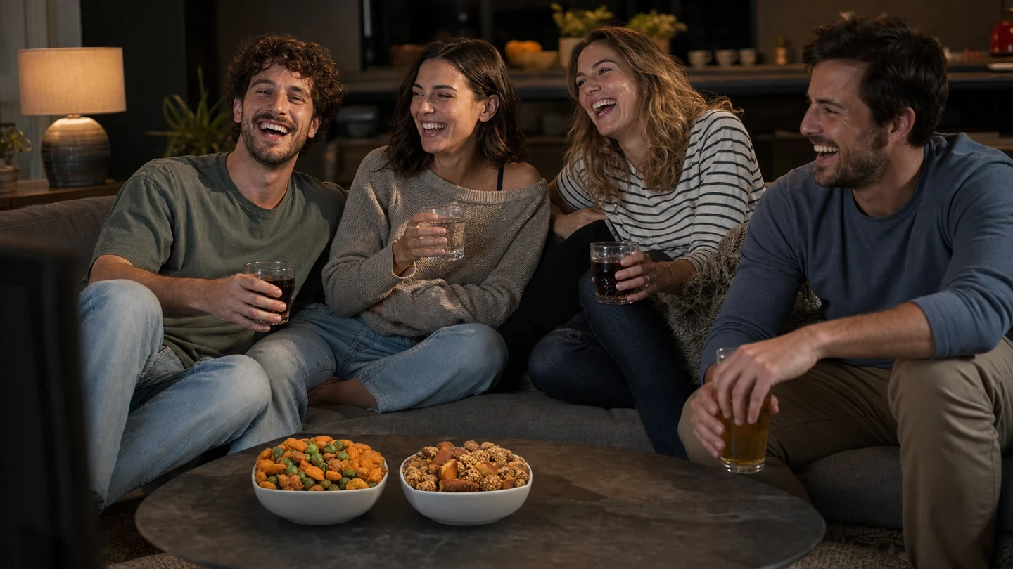 Vier Freunde lachen bei einem gemeinsamen Filmabend mit zwei CrackersCompany Snackmischungen