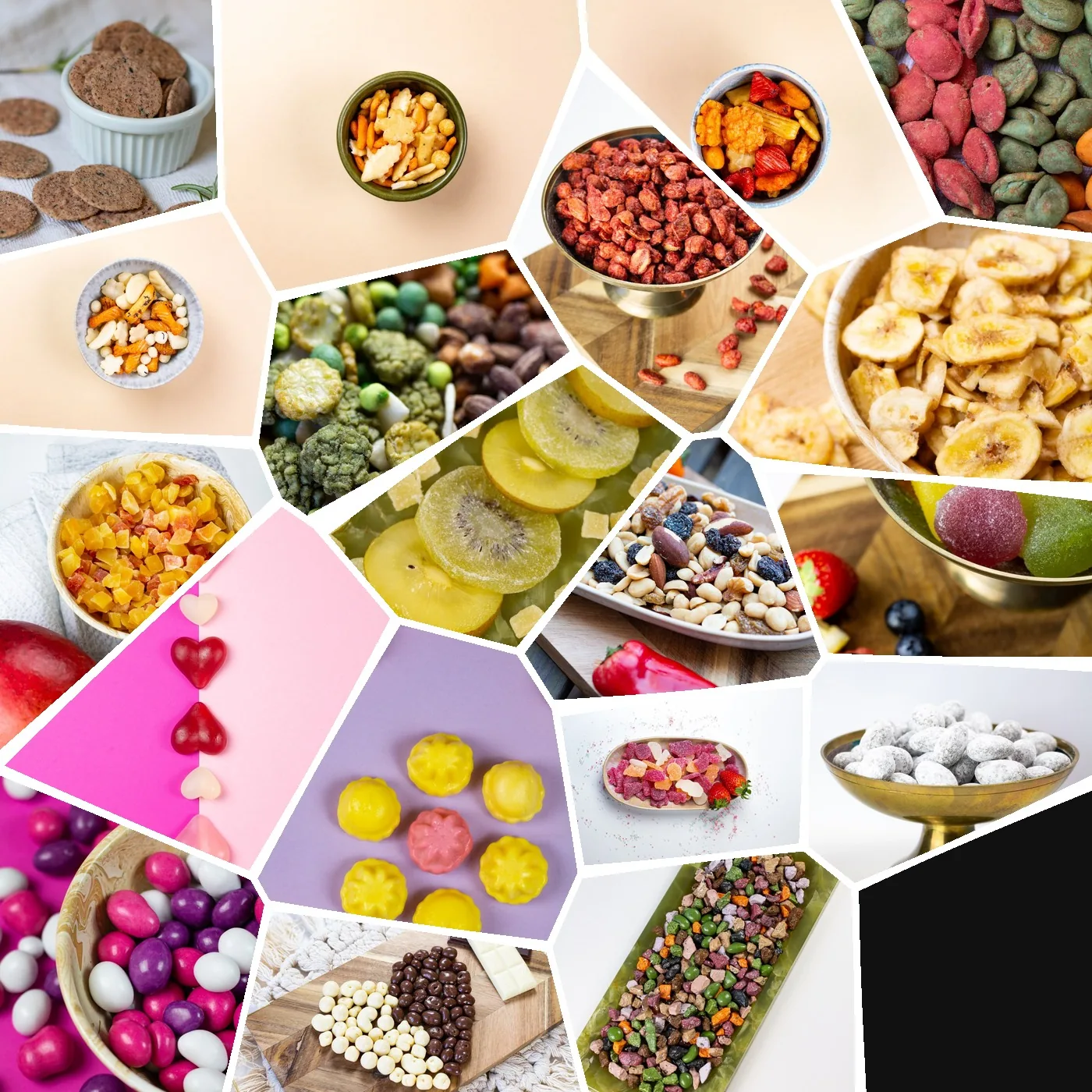 Collage of different snack mixes and ingredients