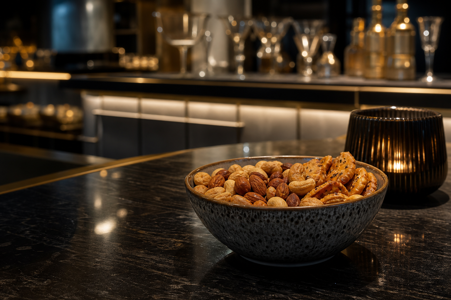 Premium snack mix in an elegant bar setting